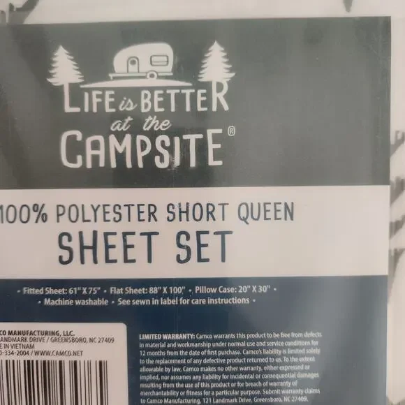 Sheet Set Camco RV Bed Short Queen Size Sheets 'Life is Better at The Campsite" - Picture 4 of 4